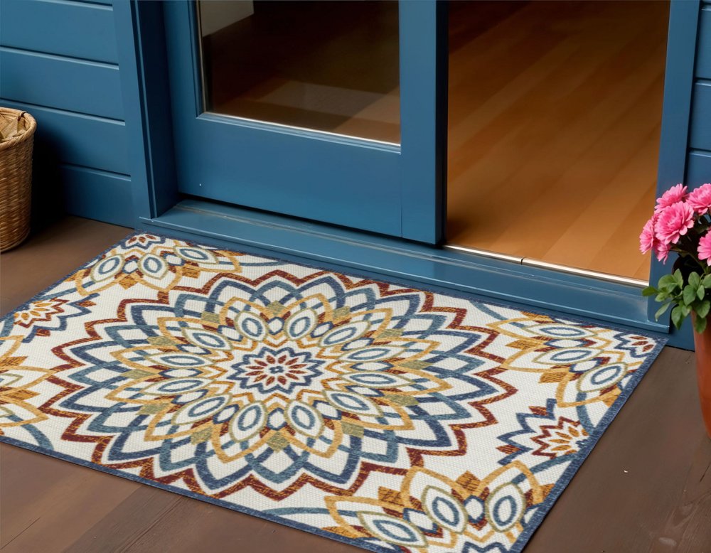 3' X 5' Red Blue And Yellow Medallion Indoor Outdoor Area Rug HomeRoots