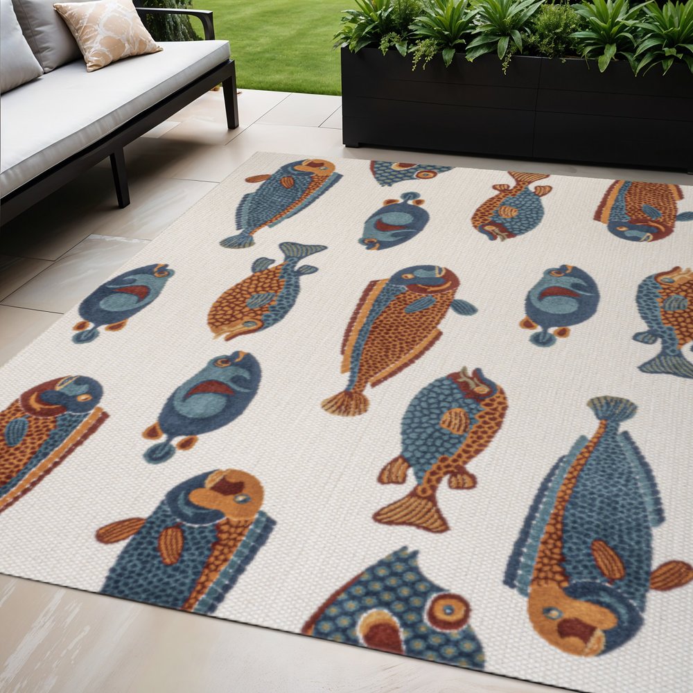 5' X 8' Navy Blue Orange And Cream Animal Print Indoor Outdoor Area Rug HomeRoots