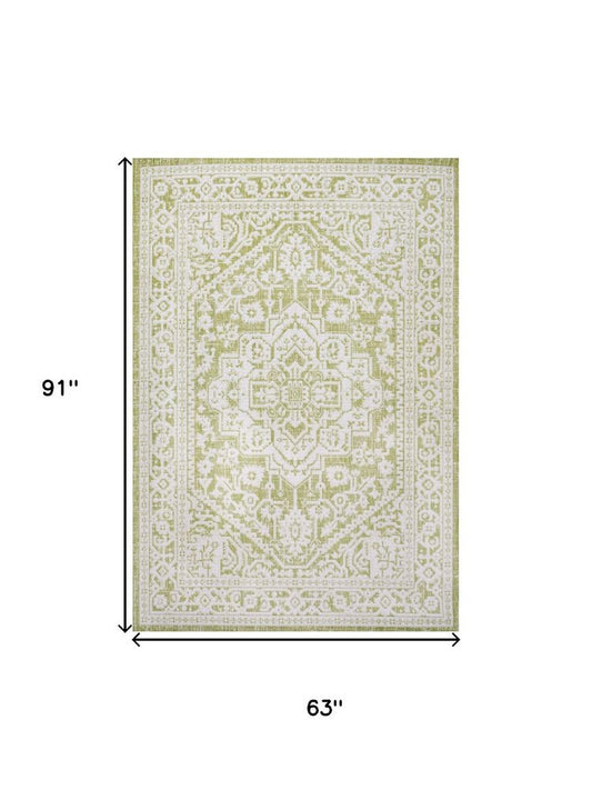 5' X 8' Green And Cream Medallion Indoor Outdoor Area Rug