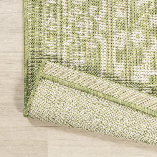 10' Green And Cream Medallion Indoor Outdoor Runner Rug