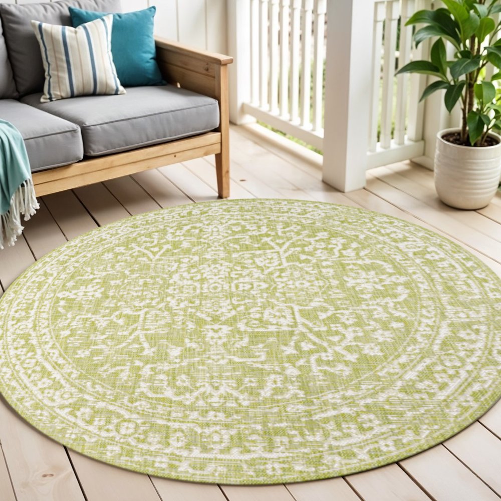 5' Green And Cream Round Medallion Indoor Outdoor Area Rug HomeRoots