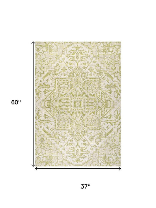 3' X 5' Cream And Green Medallion Indoor Outdoor Area Rug