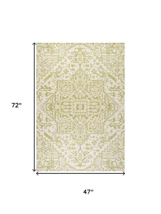 4' X 6' Cream And Green Medallion Indoor Outdoor Area Rug