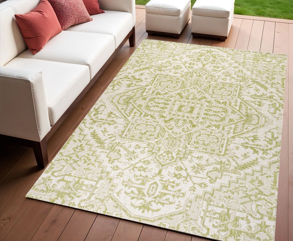 4' X 6' Cream And Green Medallion Indoor Outdoor Area Rug HomeRoots