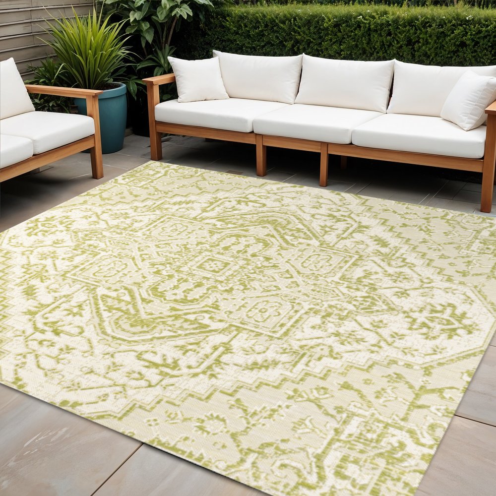 5' Cream And Green Square Medallion Indoor Outdoor Area Rug HomeRoots