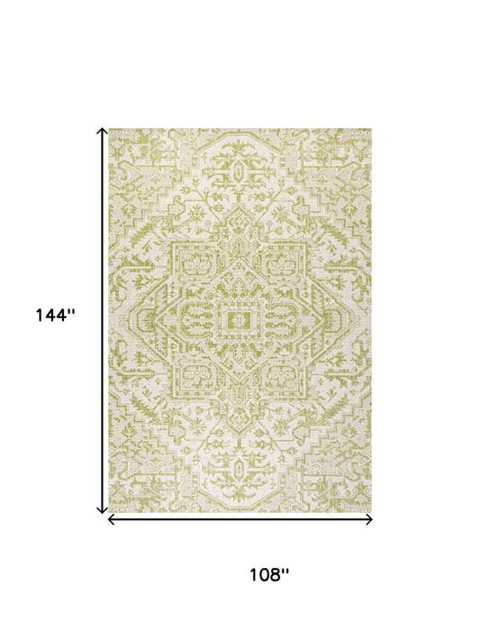 9' X 12' Cream And Green Medallion Indoor Outdoor Area Rug