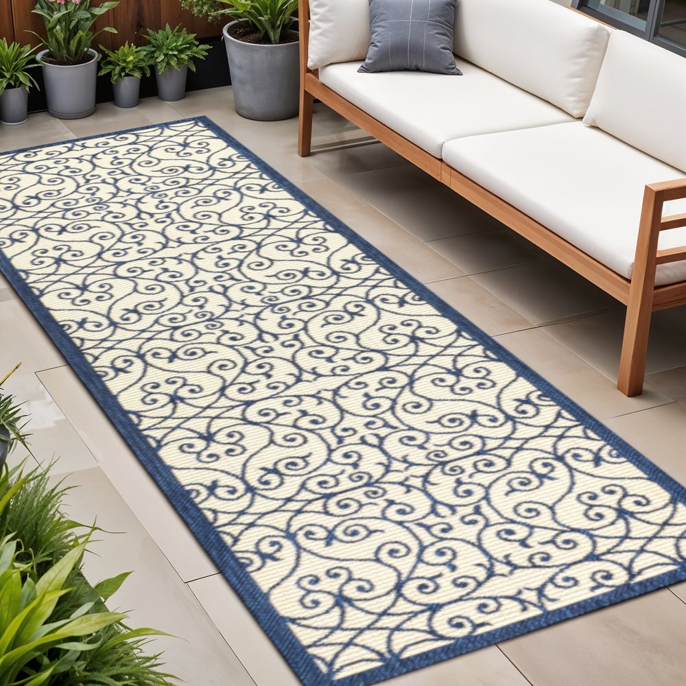 8' Navy Blue And Beige Geometric Indoor Outdoor Runner Rug HomeRoots