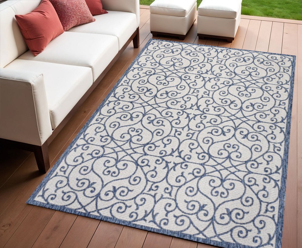 4' X 6' Navy Blue And Beige Geometric Indoor Outdoor Area Rug HomeRoots
