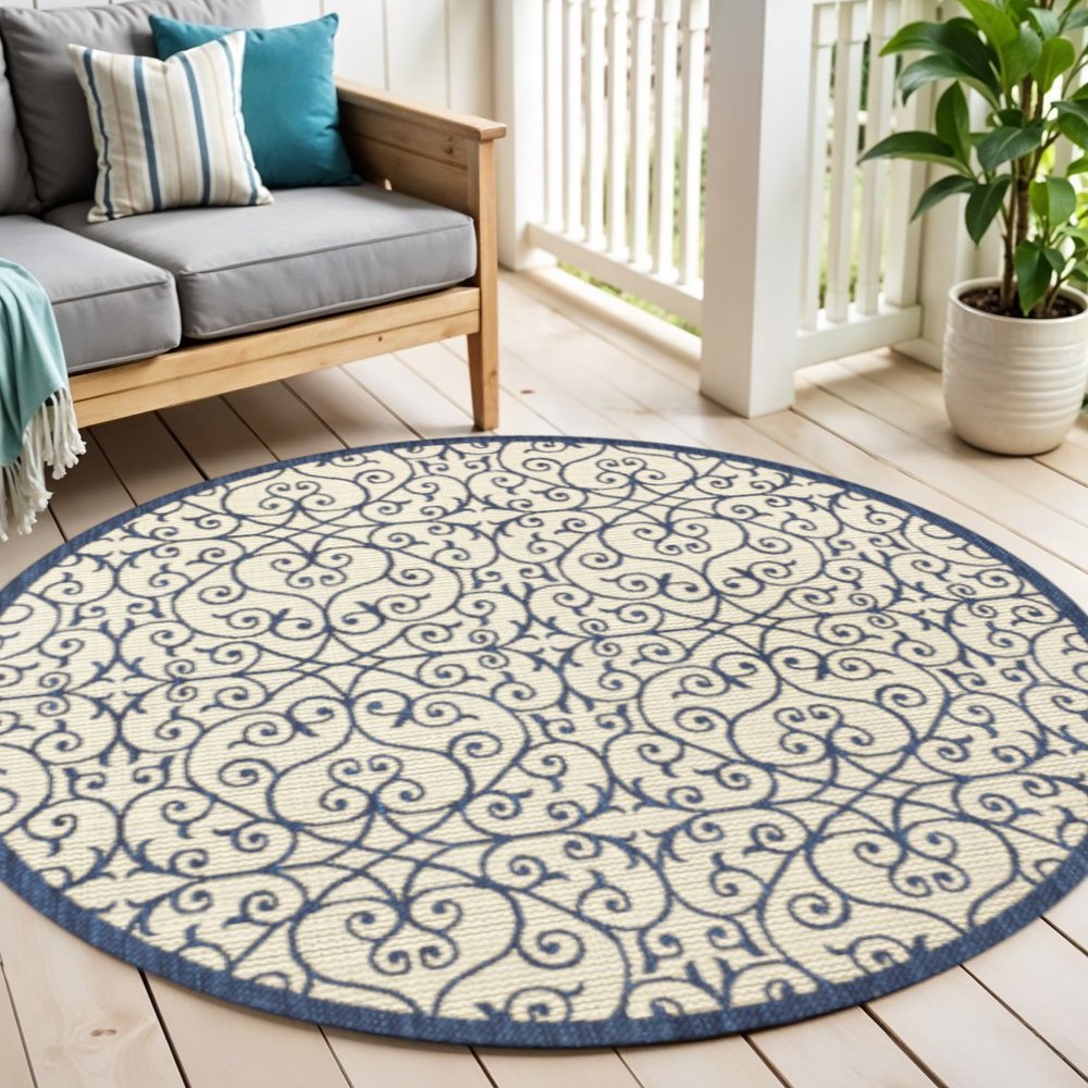 5' Navy Blue And Beige Round Geometric Indoor Outdoor Area Rug HomeRoots