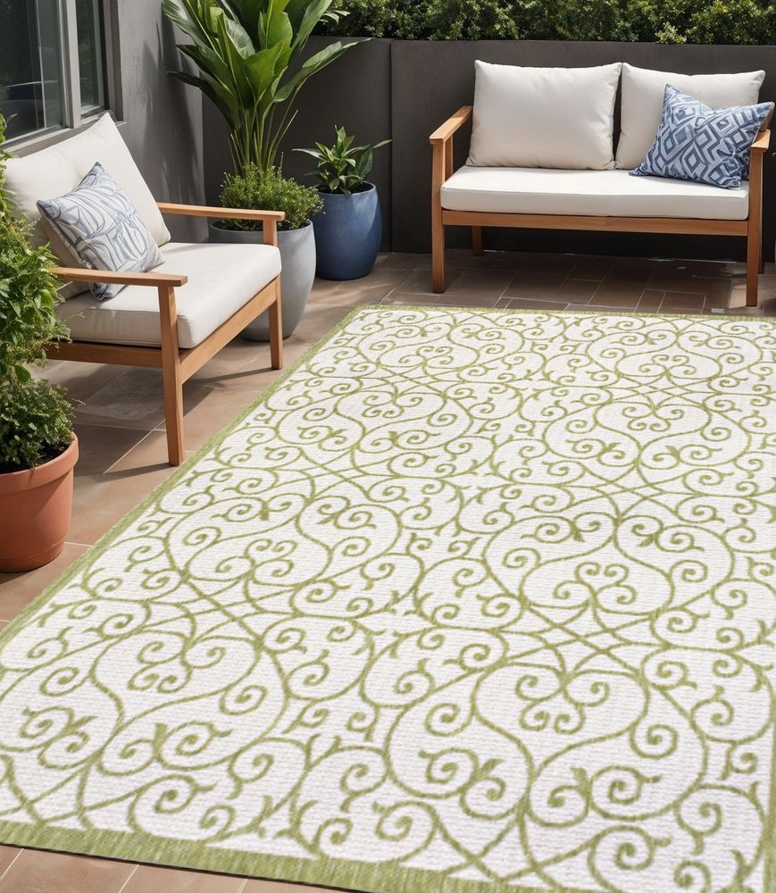 5' X 8' Green And Cream Geometric Indoor Outdoor Area Rug HomeRoots