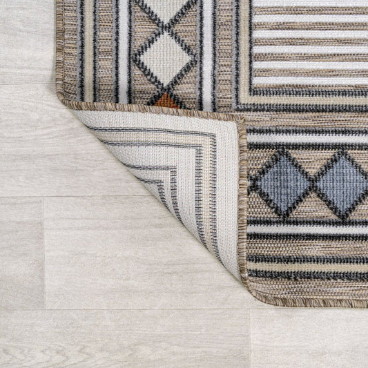 8' Brown And Ivory Geometric Indoor Outdoor Runner Rug