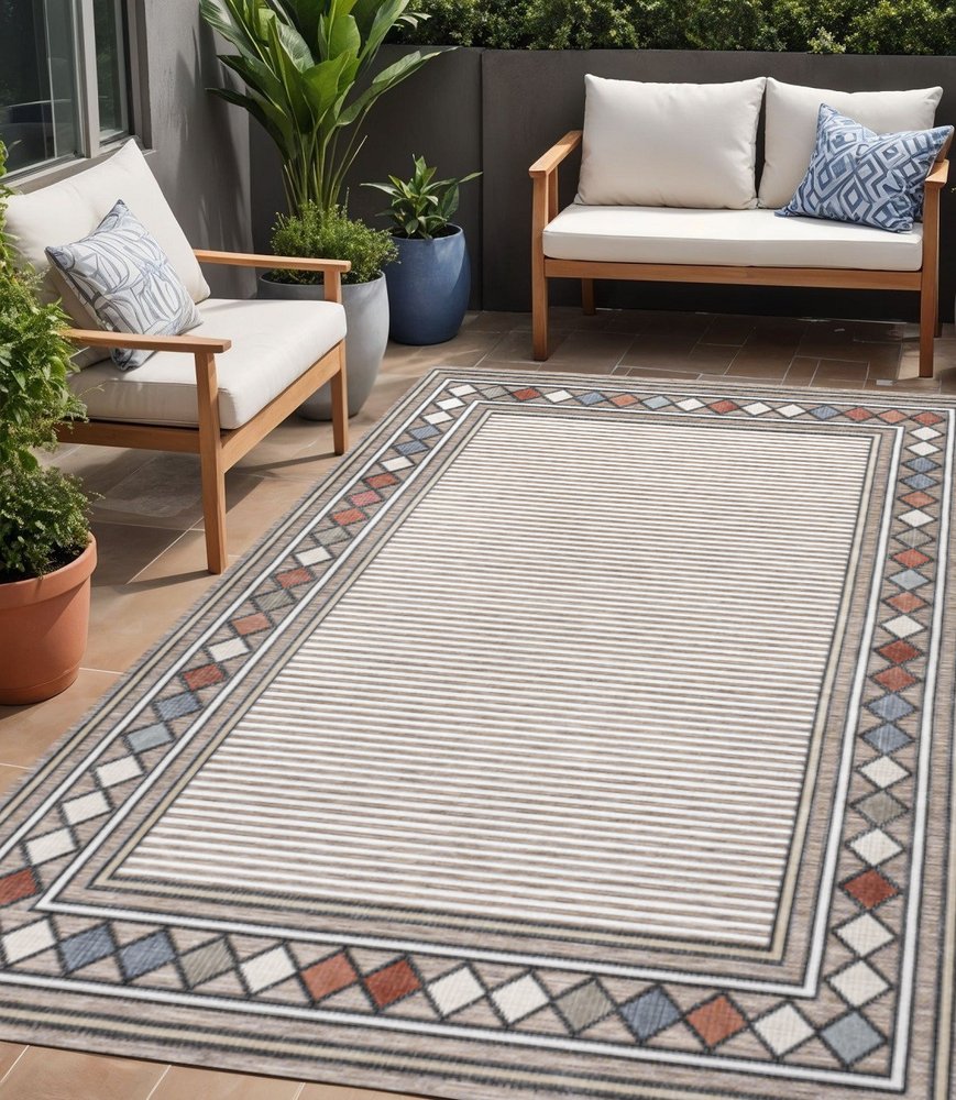 5' X 8' Brown And Ivory Geometric Indoor Outdoor Area Rug HomeRoots