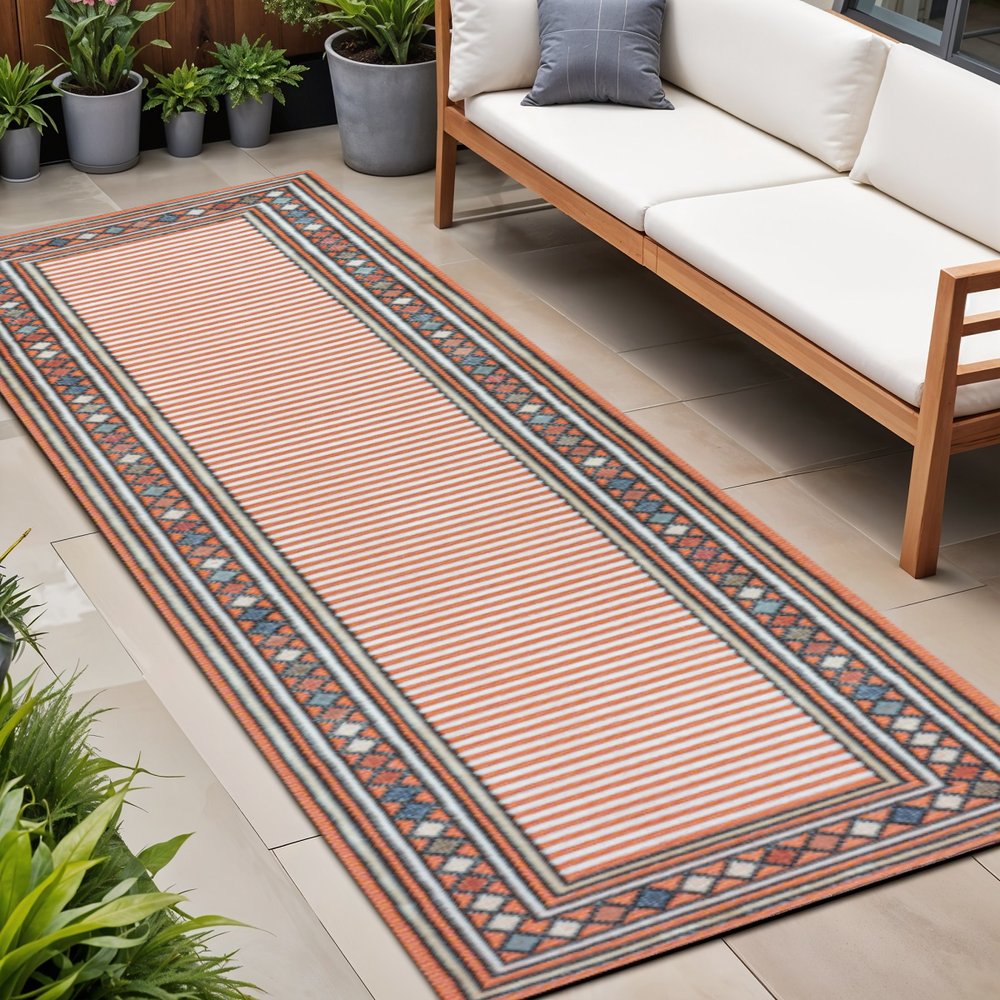 8' Orange And Ivory Geometric Indoor Outdoor Runner Rug HomeRoots