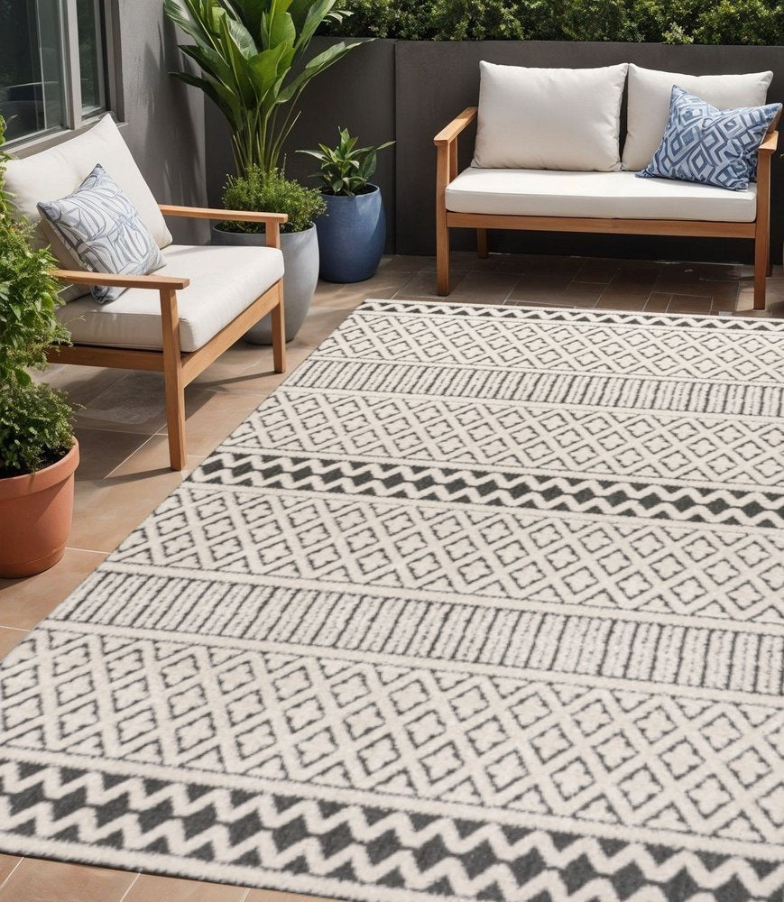 5' X 8' Cream And Black Trellis Indoor Outdoor Area Rug HomeRoots