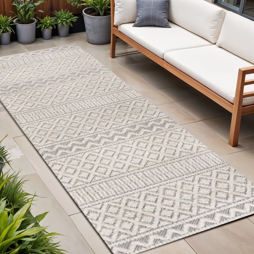 8' Cream And Gray Trellis Indoor Outdoor Runner Rug HomeRoots