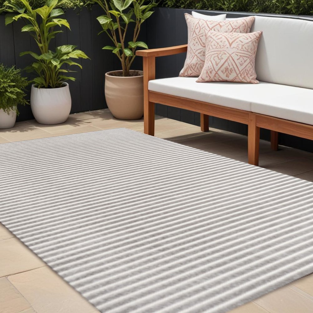 8' X 10' Gray And Ivory Striped Indoor Outdoor Area Rug