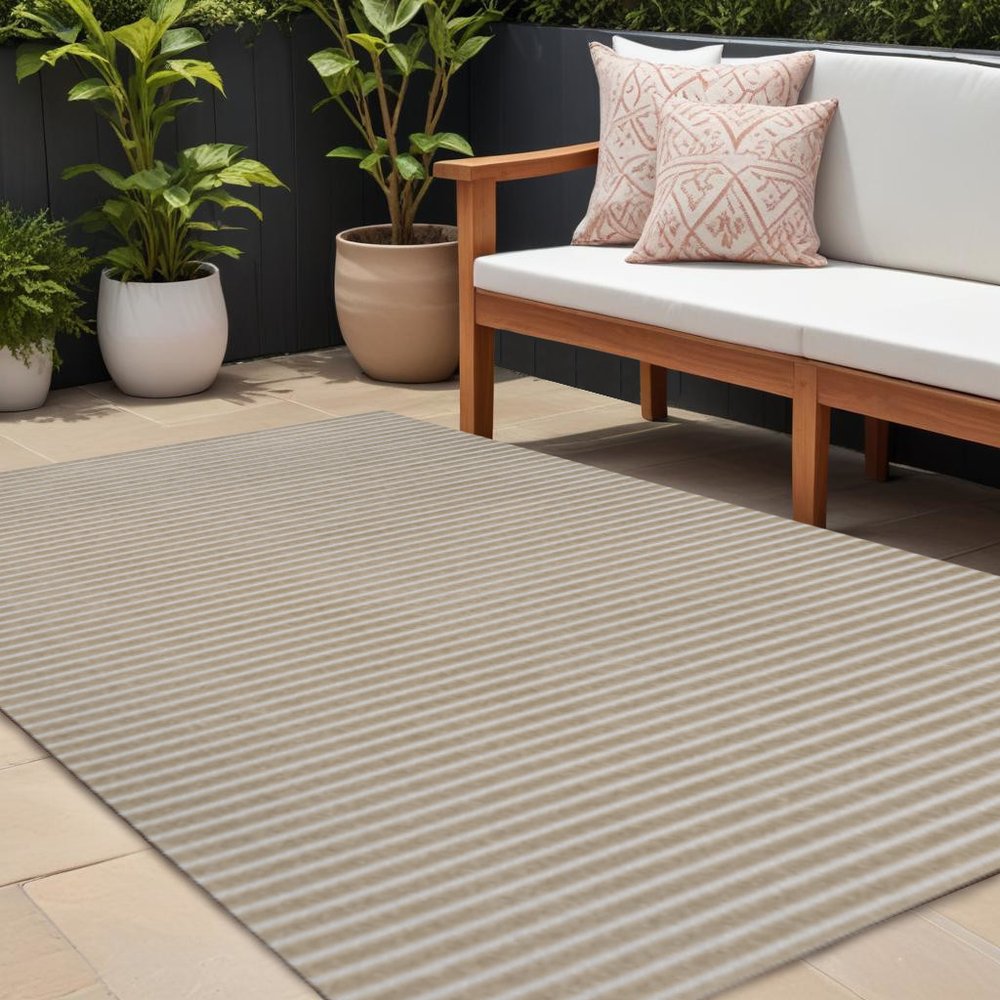 8' X 10' Beige And Cream Striped Indoor Outdoor Area Rug