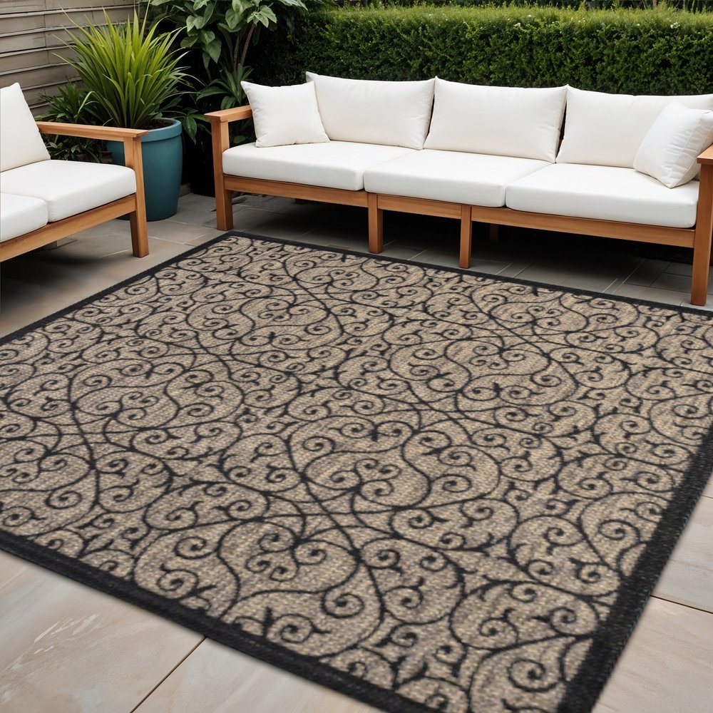 4' Black And Khaki Square Geometric Indoor Outdoor Area Rug
