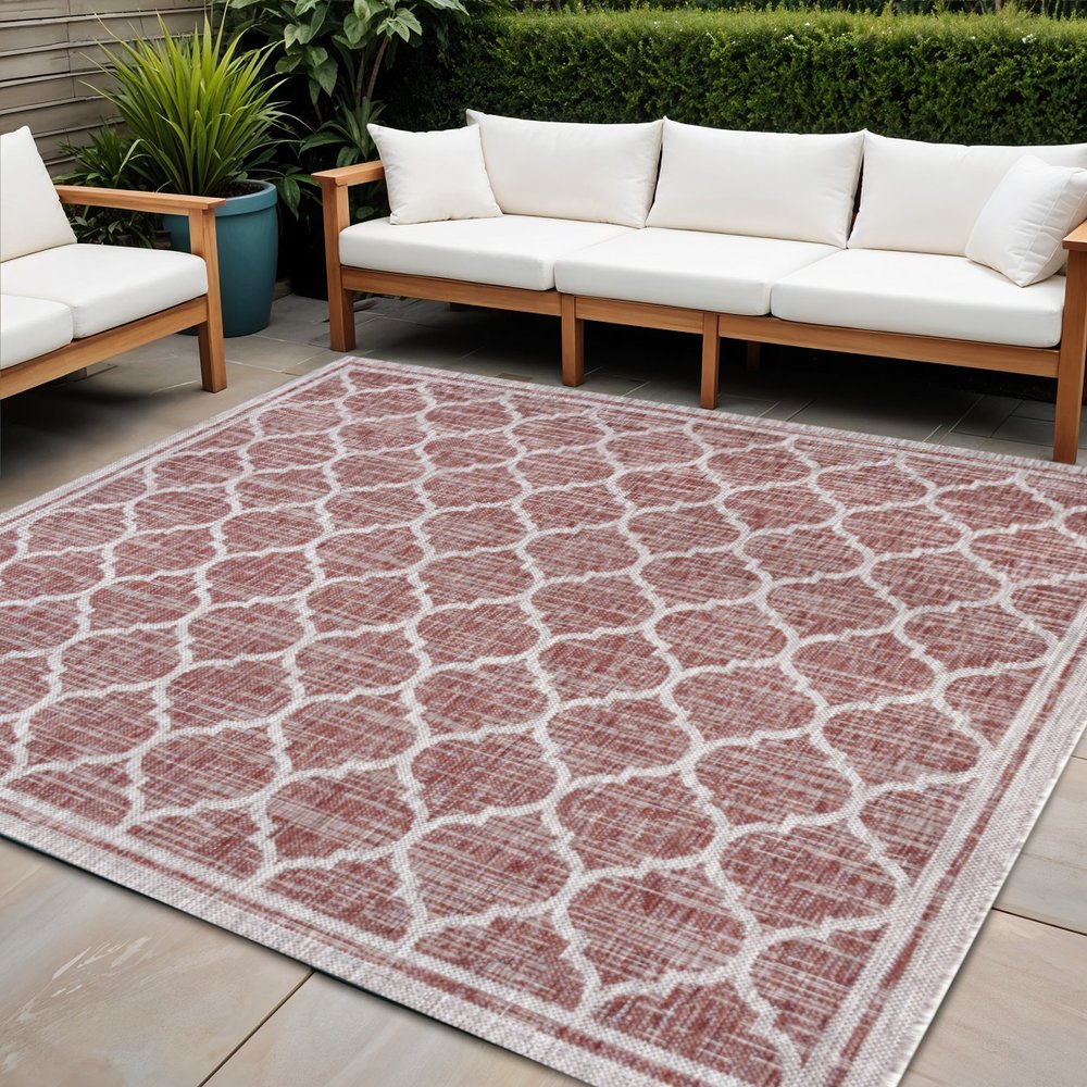 3' Red And Beige Square Geometric Indoor Outdoor Area Rug HomeRoots
