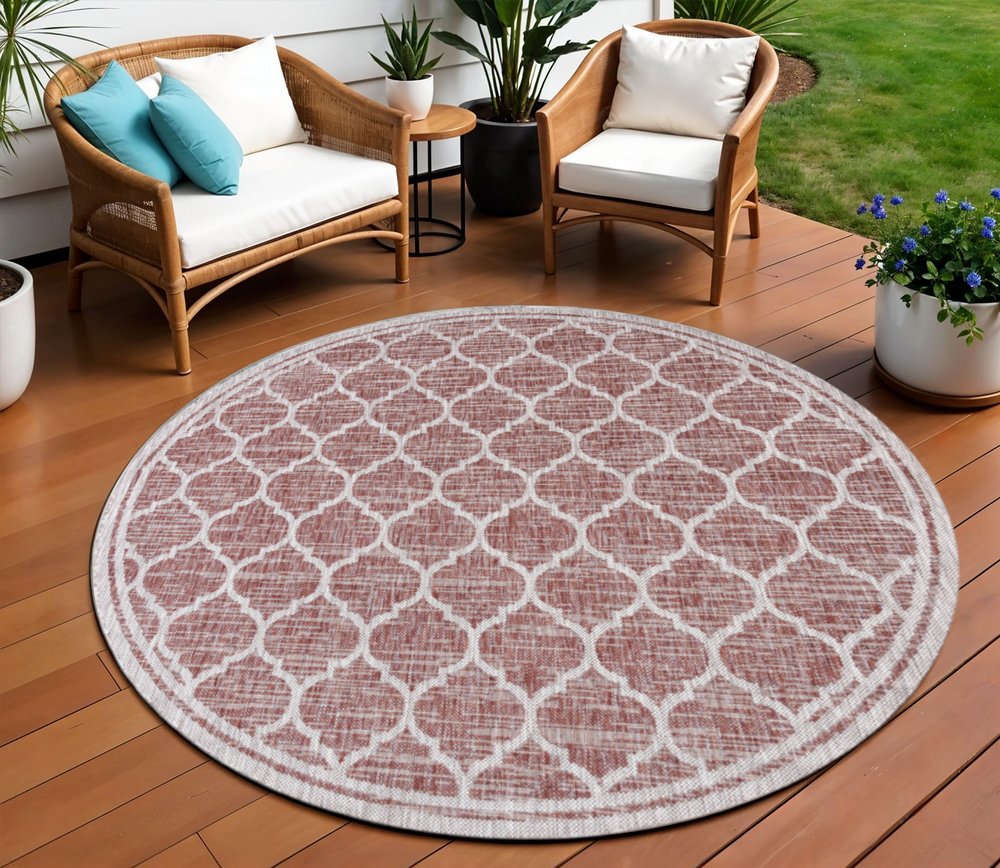 9' Red And Beige Round Geometric Indoor Outdoor Area Rug HomeRoots