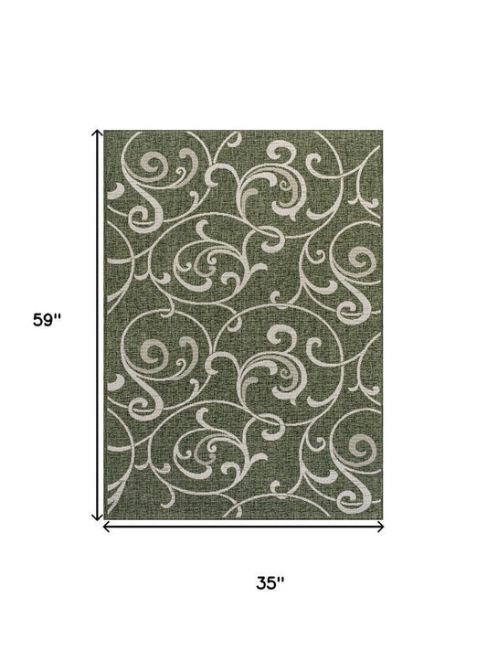 3' X 5' Green And Cream Floral Indoor Outdoor Area Rug