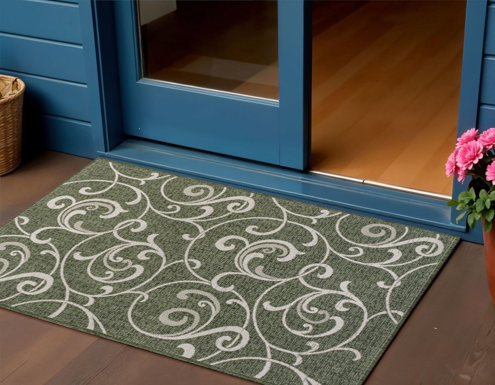 3' X 5' Green And Cream Floral Indoor Outdoor Area Rug HomeRoots