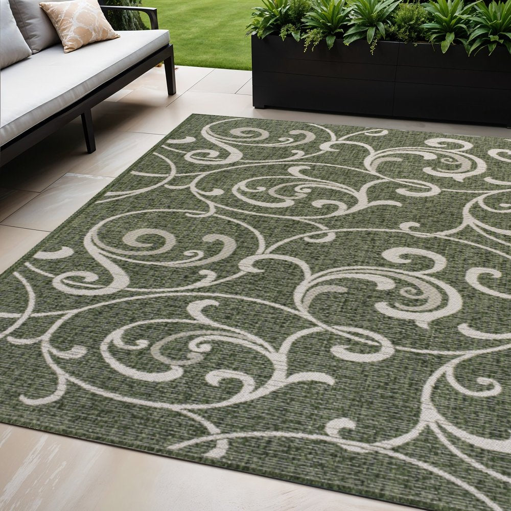 5' X 8' Green And Cream Floral Indoor Outdoor Area Rug HomeRoots