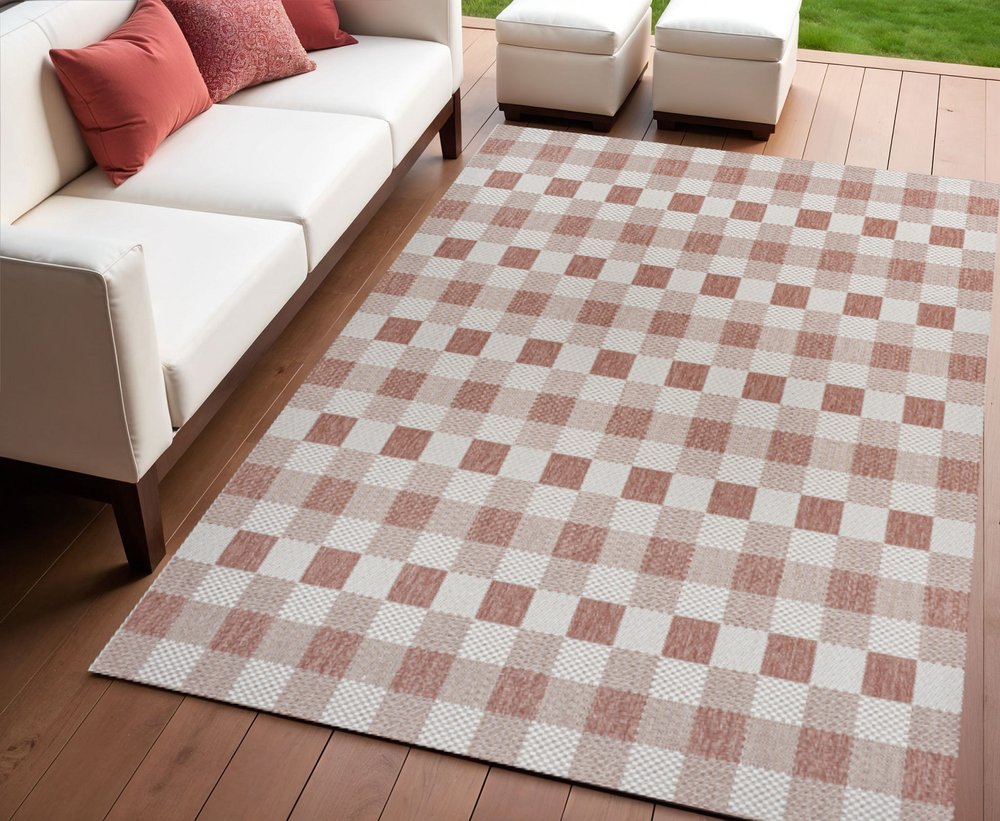 4' X 6' Salmon And Cream Geometric Indoor Outdoor Area Rug HomeRoots