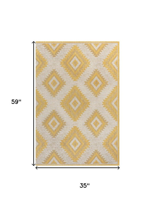 3' X 5' Yellow And Cream Moroccan Indoor Outdoor Area Rug