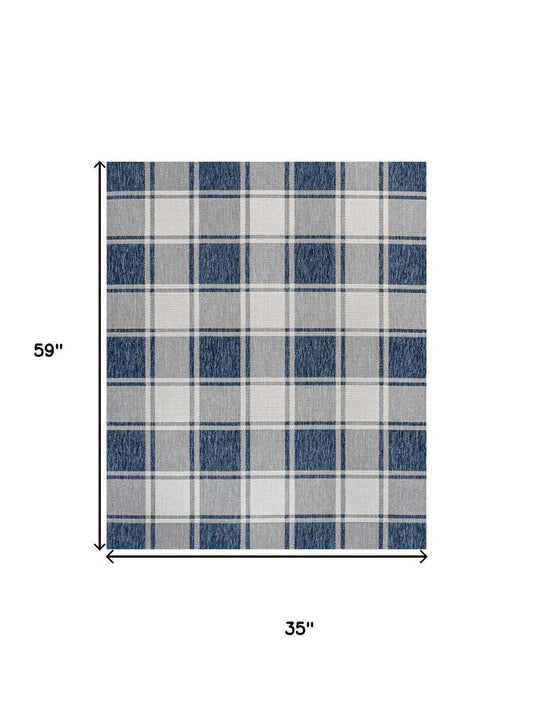 3' X 5' Navy Blue And Cream Gingham Indoor Outdoor Area Rug