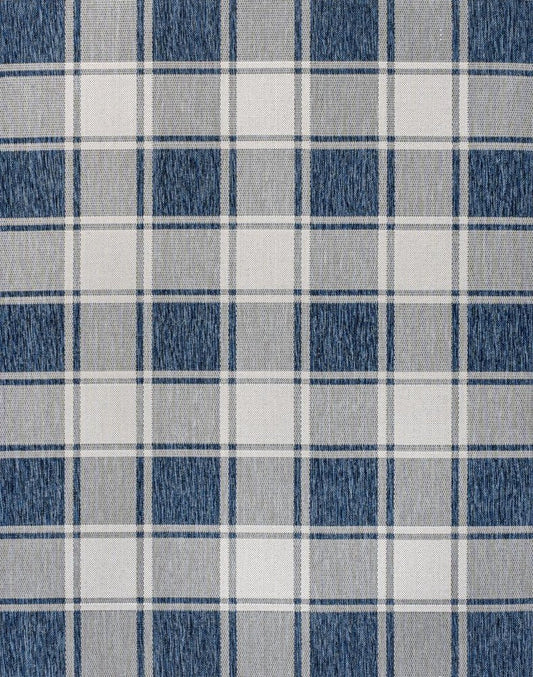 8' X 10' Navy Blue And Cream Gingham Indoor Outdoor Area Rug