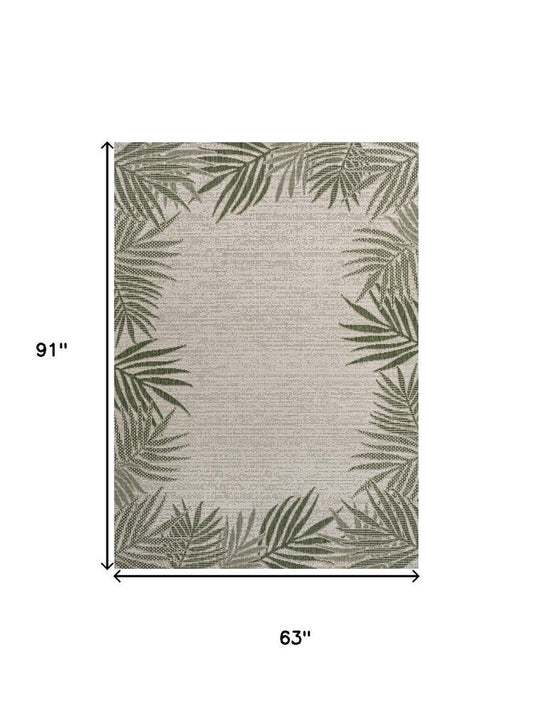 5' X 8' Green And Cream Floral Indoor Outdoor Area Rug