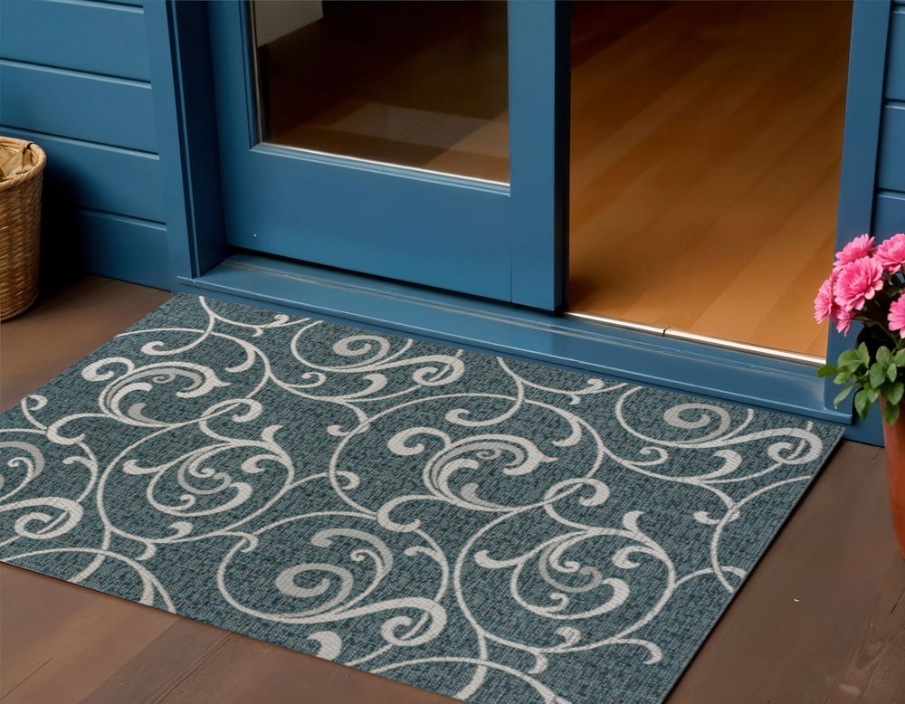 3' X 5' Turquoise And Cream Floral Indoor Outdoor Area Rug HomeRoots