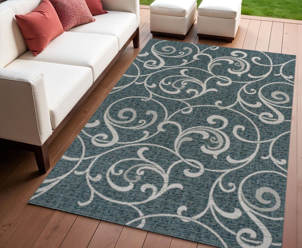 4' X 6' Turquoise And Cream Floral Indoor Outdoor Area Rug HomeRoots