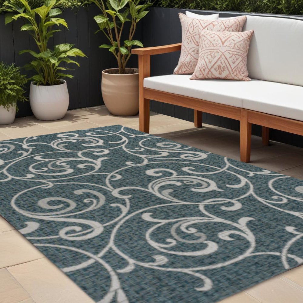 8' X 10' Turquoise And Cream Floral Indoor Outdoor Area Rug HomeRoots