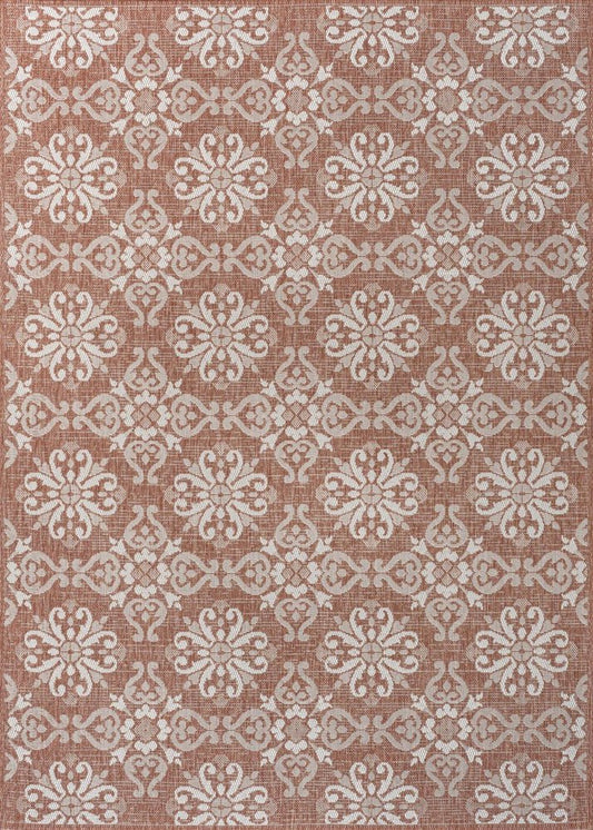 5' X 8' Salmon And Cream Floral Indoor Outdoor Area Rug