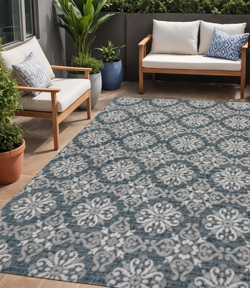 5' X 8' Turquoise And Cream Floral Indoor Outdoor Area Rug HomeRoots
