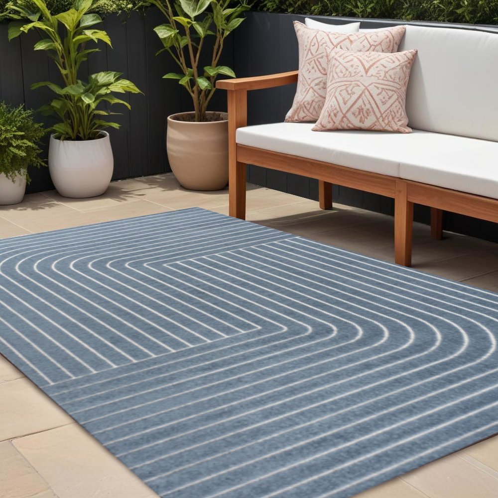8' X 10' Dark Blue And Cream Striped Indoor Outdoor Area Rug HomeRoots