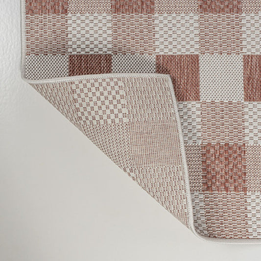 8' Salmon And Cream Geometric Indoor Outdoor Runner Rug