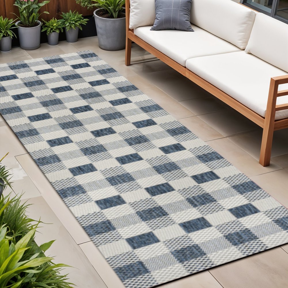 8' Navy Blue And Cream Geometric Indoor Outdoor Runner Rug HomeRoots