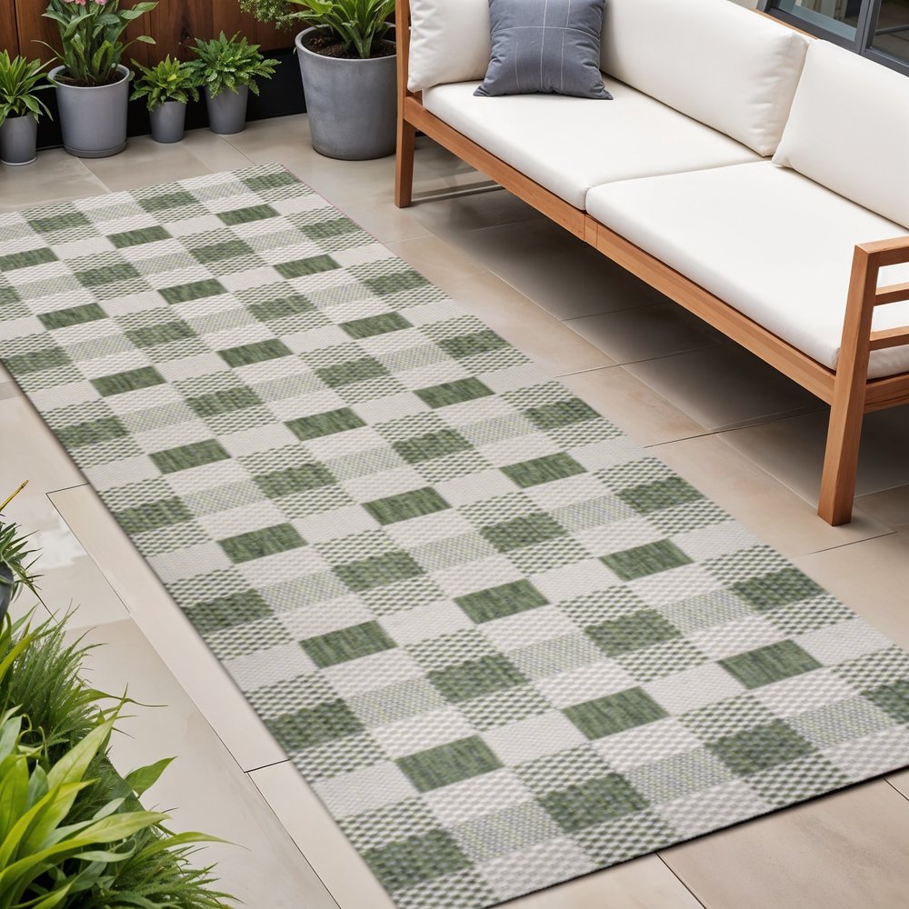 8' Green And Cream Geometric Indoor Outdoor Runner Rug HomeRoots