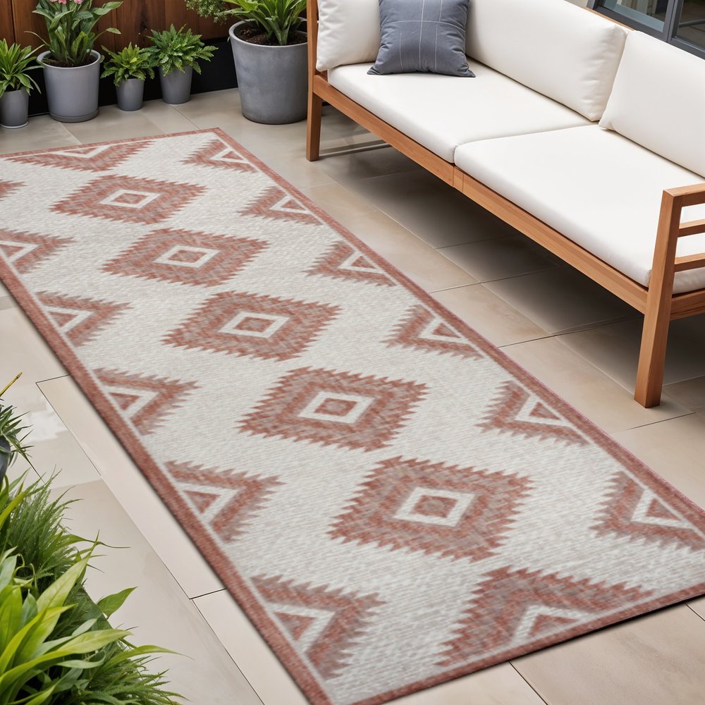 8' Salmon And Cream Moroccan Indoor Outdoor Runner Rug