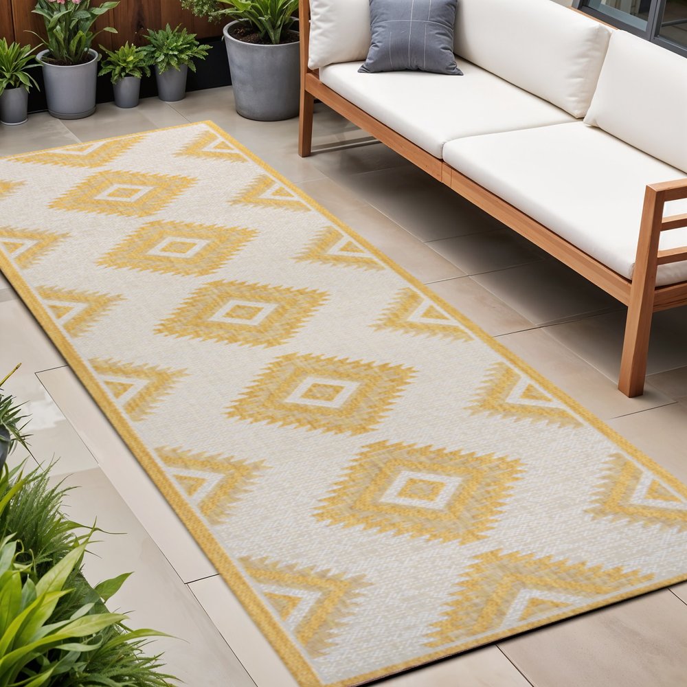 8' Yellow And Cream Moroccan Indoor Outdoor Runner Rug HomeRoots