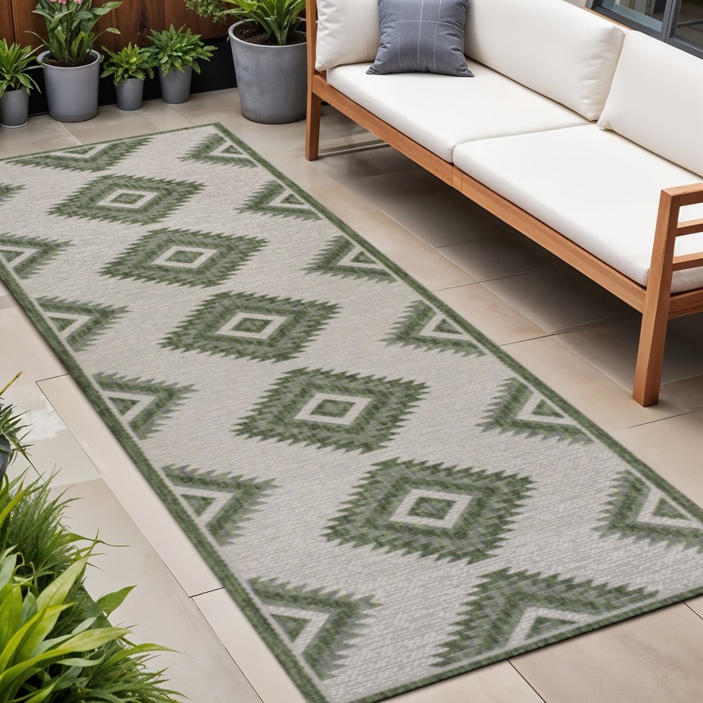 8' Green And Cream Moroccan Indoor Outdoor Runner Rug HomeRoots