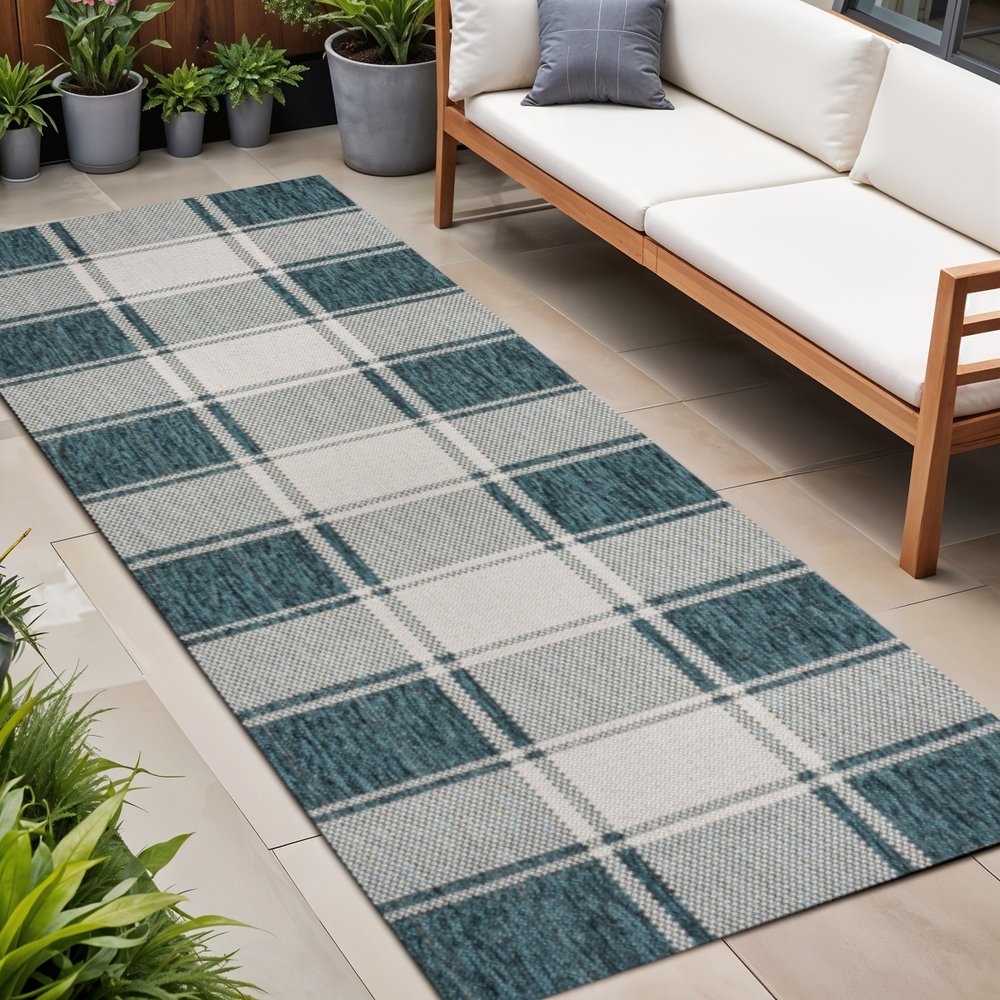 8' Turquoise And Cream Gingham Indoor Outdoor Runner Rug HomeRoots