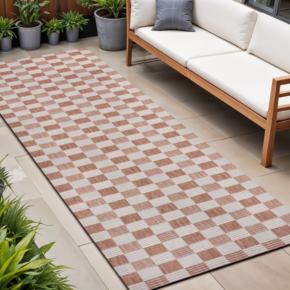 8' Salmon And Cream Geometric Indoor Outdoor Runner Rug HomeRoots