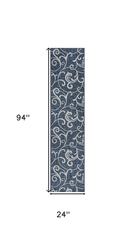 8' Navy Blue And Cream Floral Indoor Outdoor Runner Rug HomeRoots