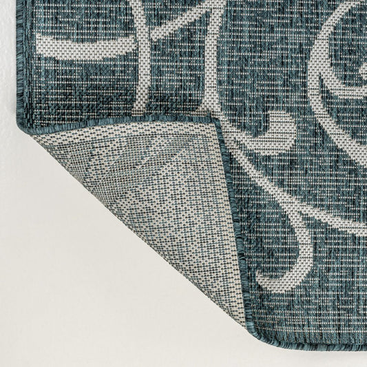8' Turquoise And Cream Floral Indoor Outdoor Runner Rug