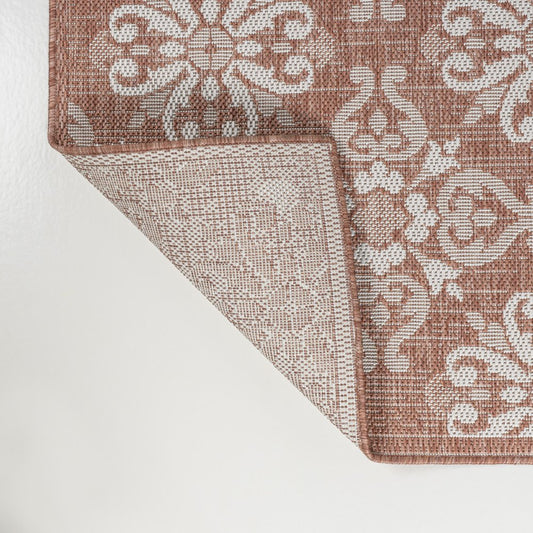8' Salmon And Cream Floral Indoor Outdoor Runner Rug