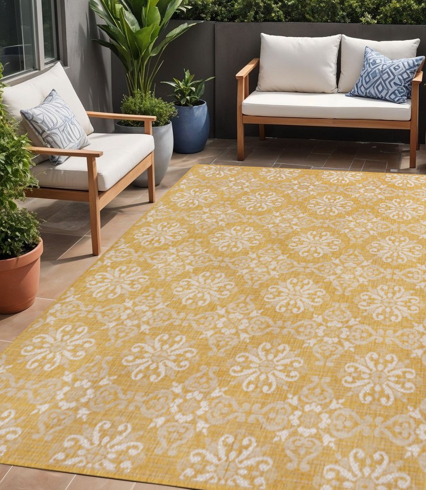 5' X 8' Yellow And Cream Floral Indoor Outdoor Area Rug HomeRoots